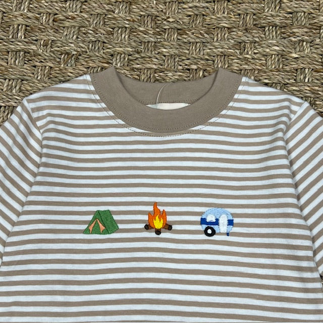 Luigi Striped Tee, Camping Icons on Sand/White