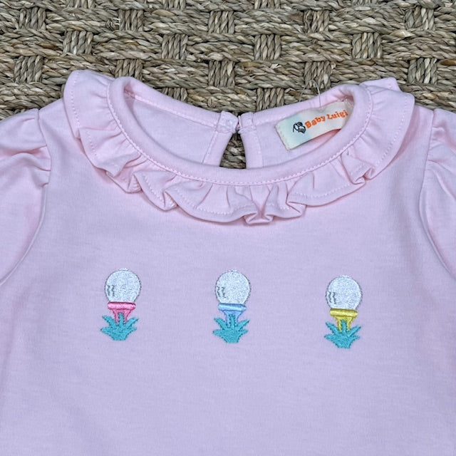 Luigi Ruffle Neck Shirt, Three Golf Balls on New Light Pink