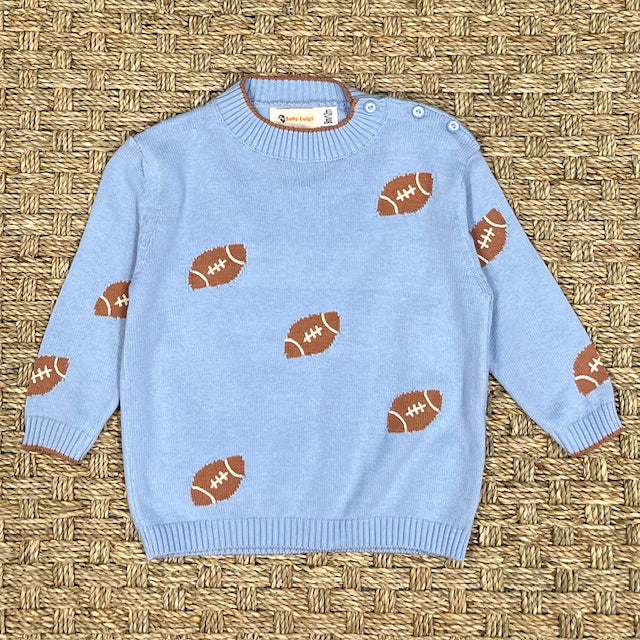 Luigi Fine Gauge Crewneck, Footballs on Sky Blue