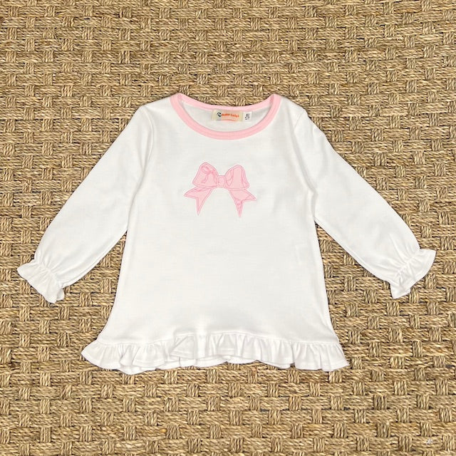 Luigi Ruffle Swing Top, Bow on White/New Light Pink