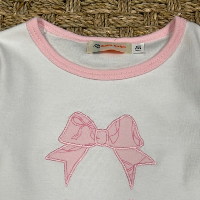 Luigi Ruffle Swing Top, Bow on White/New Light Pink