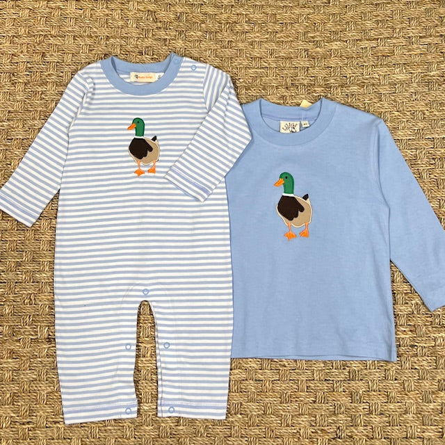 Luigi Striped Romper, Mallard on Sky Blue/White