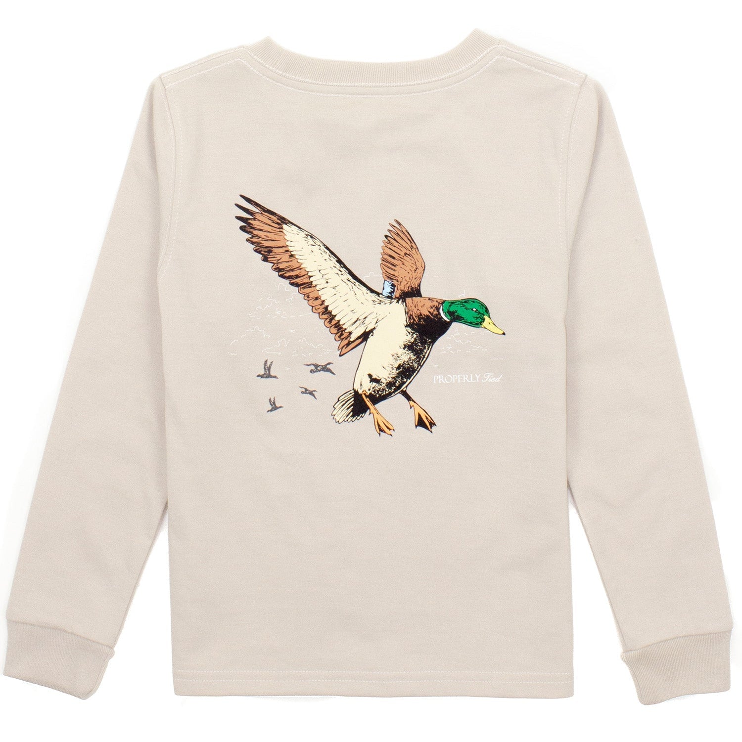 Beige shirt with a flying duck design on the back against a white background