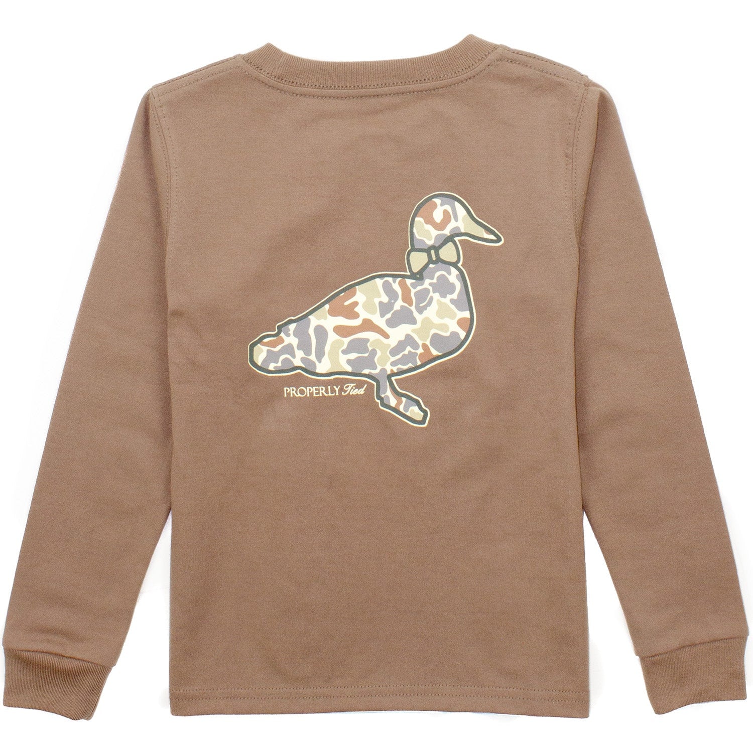 Brown long-sleeve shirt with a duck graphic on the back against a white background