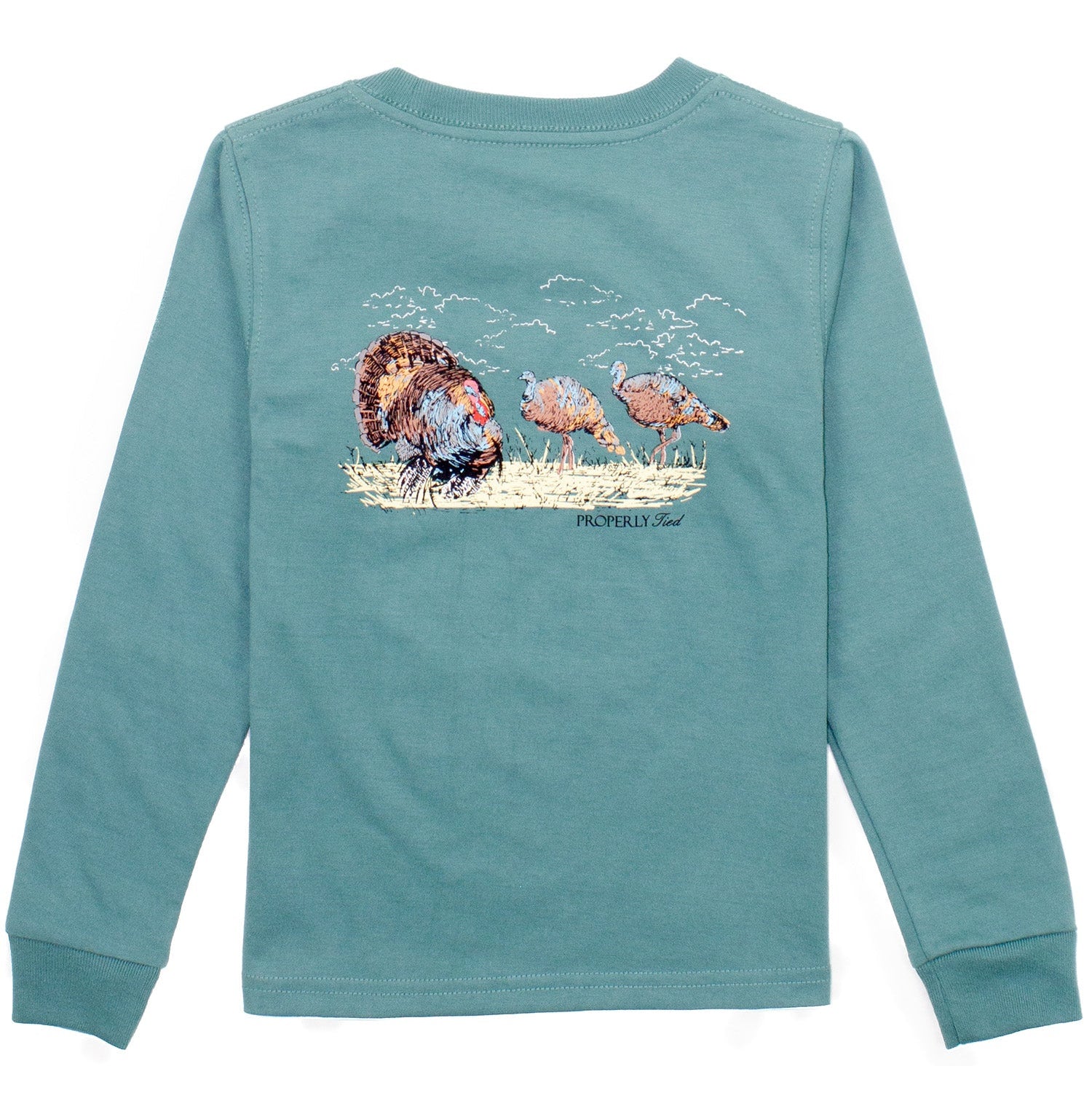 Teal long-sleeve shirt with a graphic of turkeys on the back against a white background