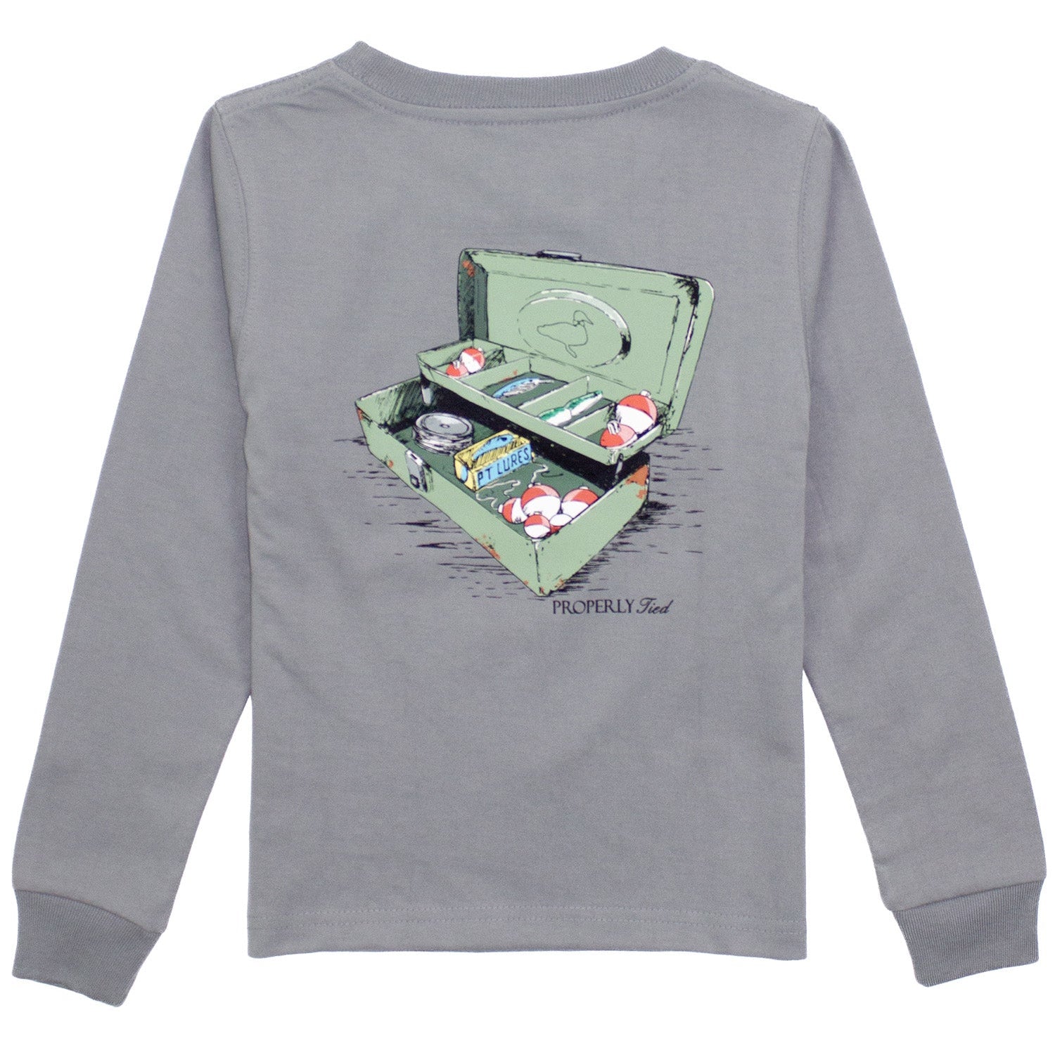 Gray long-sleeve shirt with a fishing tackle box graphic on the back against a white background