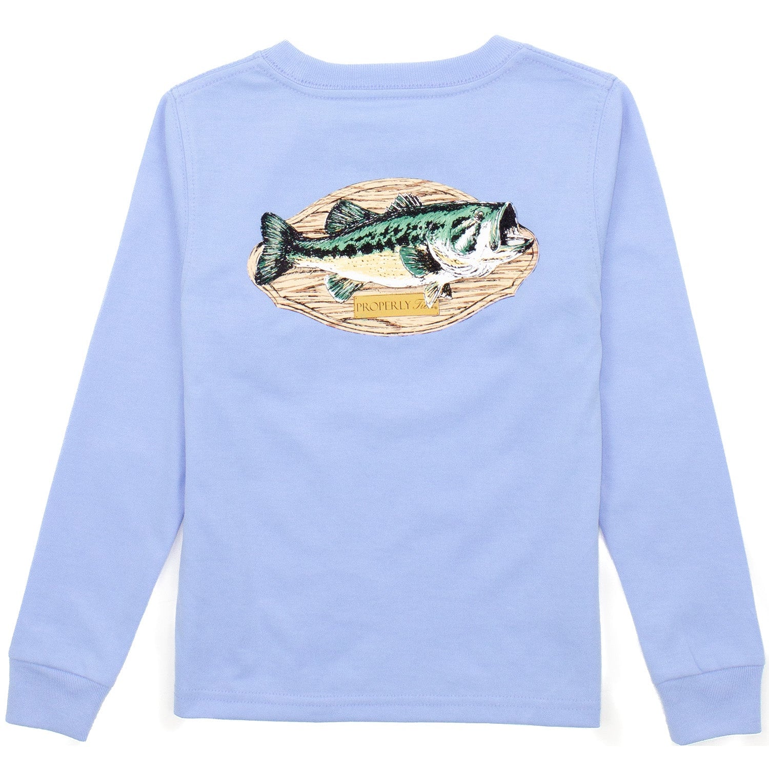 Light blue long-sleeve shirt with a fish graphic on the back against a white background