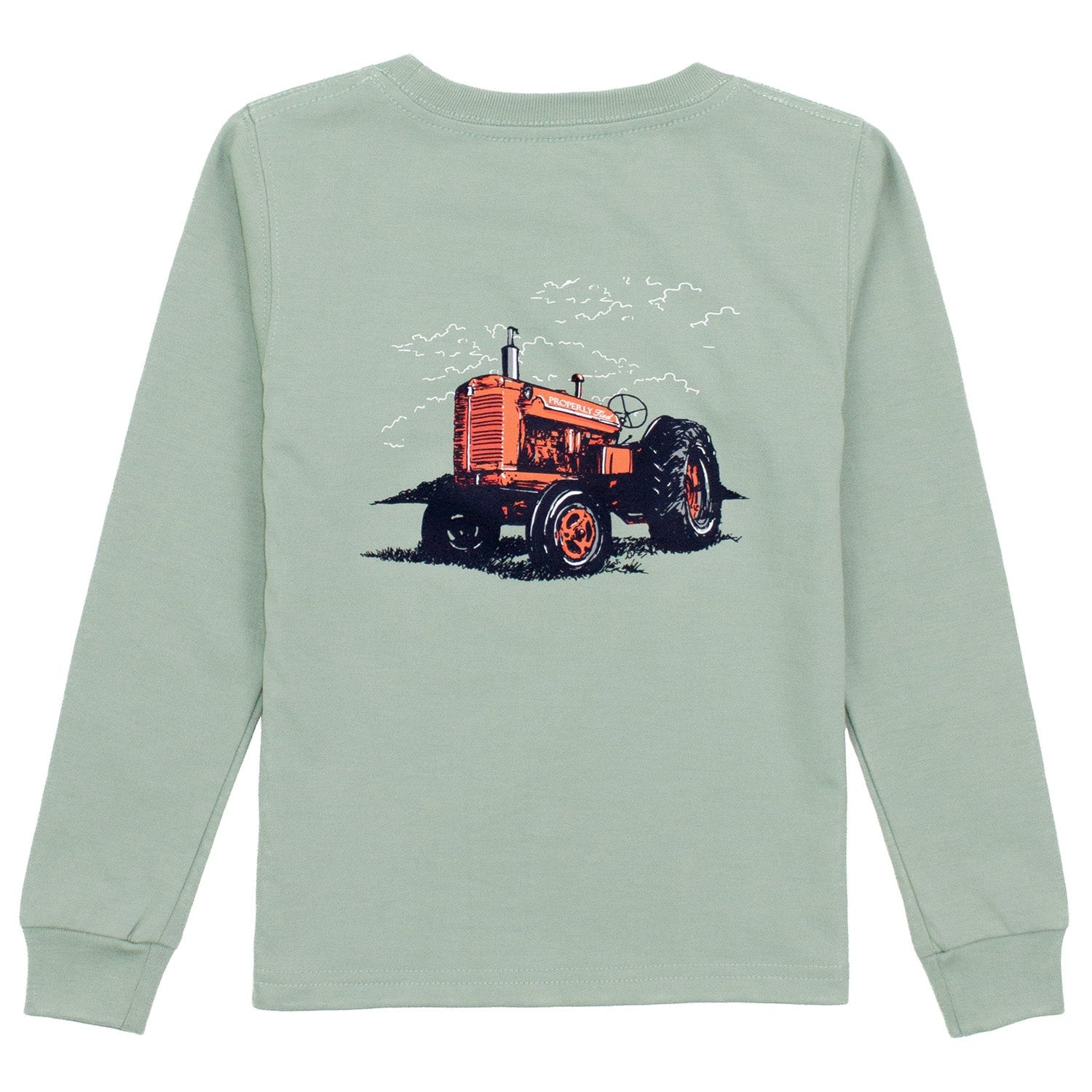 Light green long-sleeve shirt with a red tractor graphic on a white background