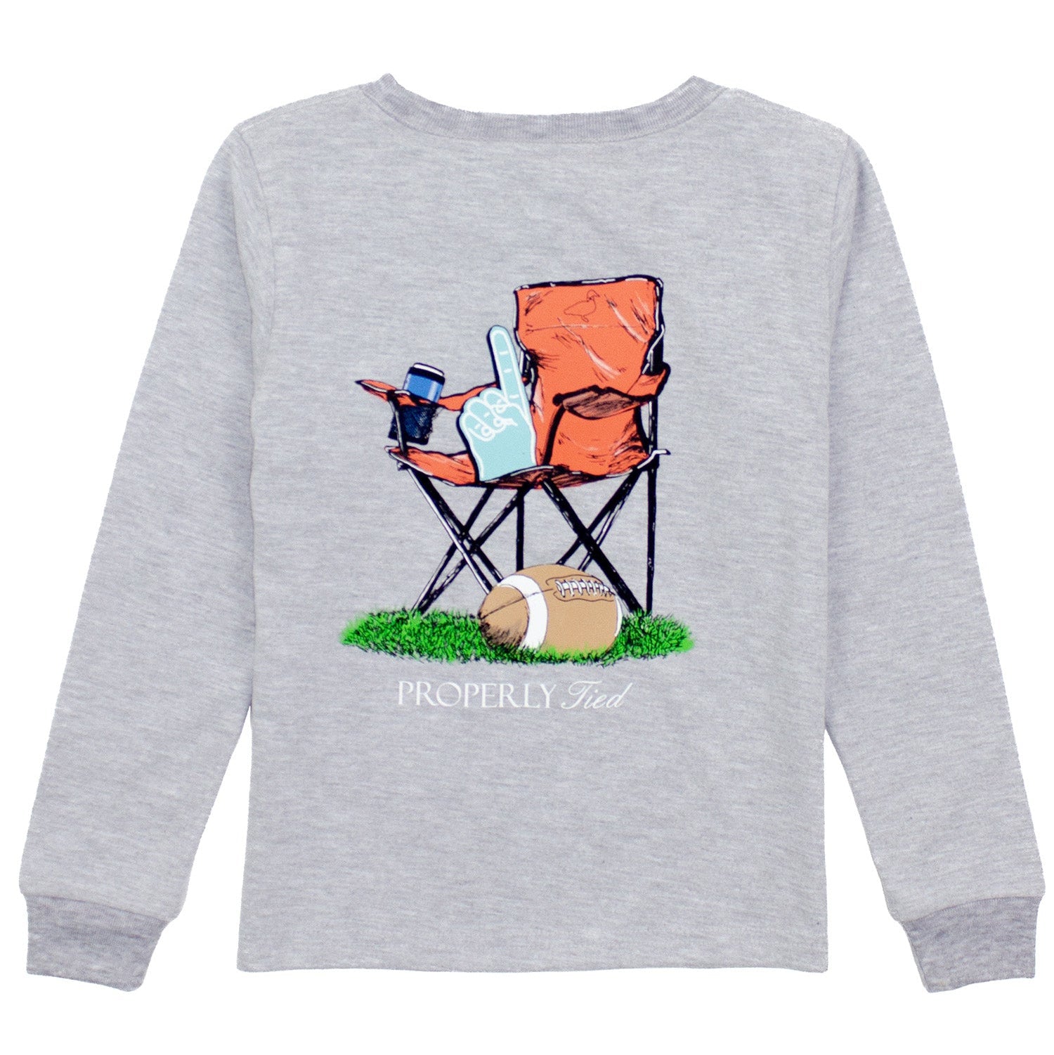 Gray sweatshirt with a chair, cup, and football graphic on a white background