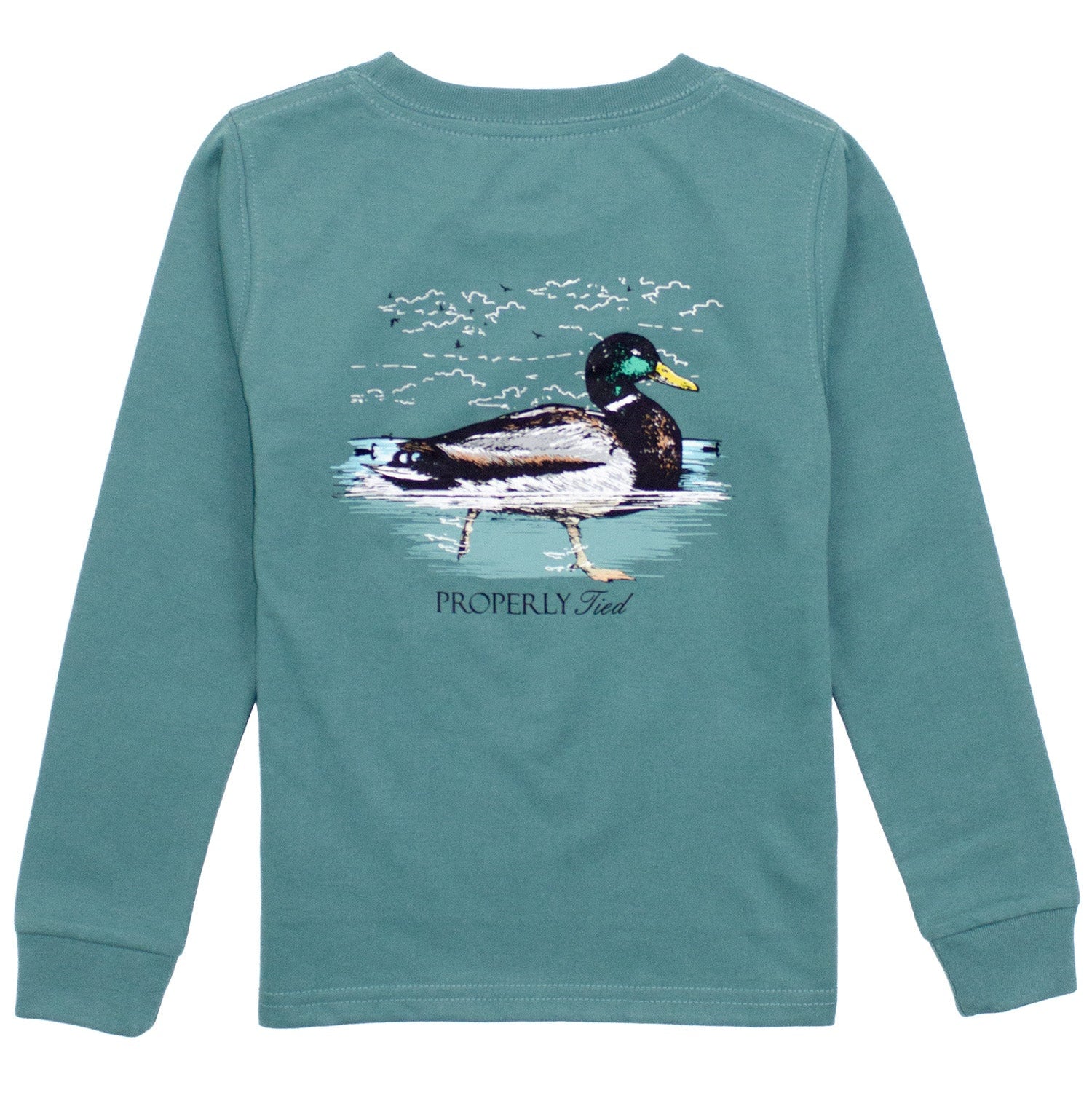 Teal long-sleeve shirt with a duck graphic on the back against a white background