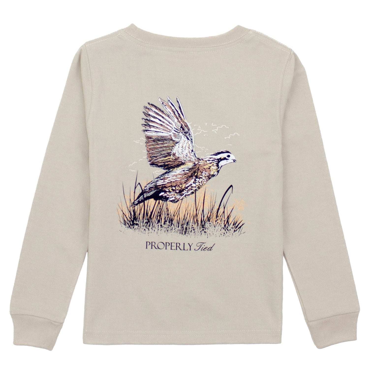 Beige shirt with a bird graphic and text on the back against a white background