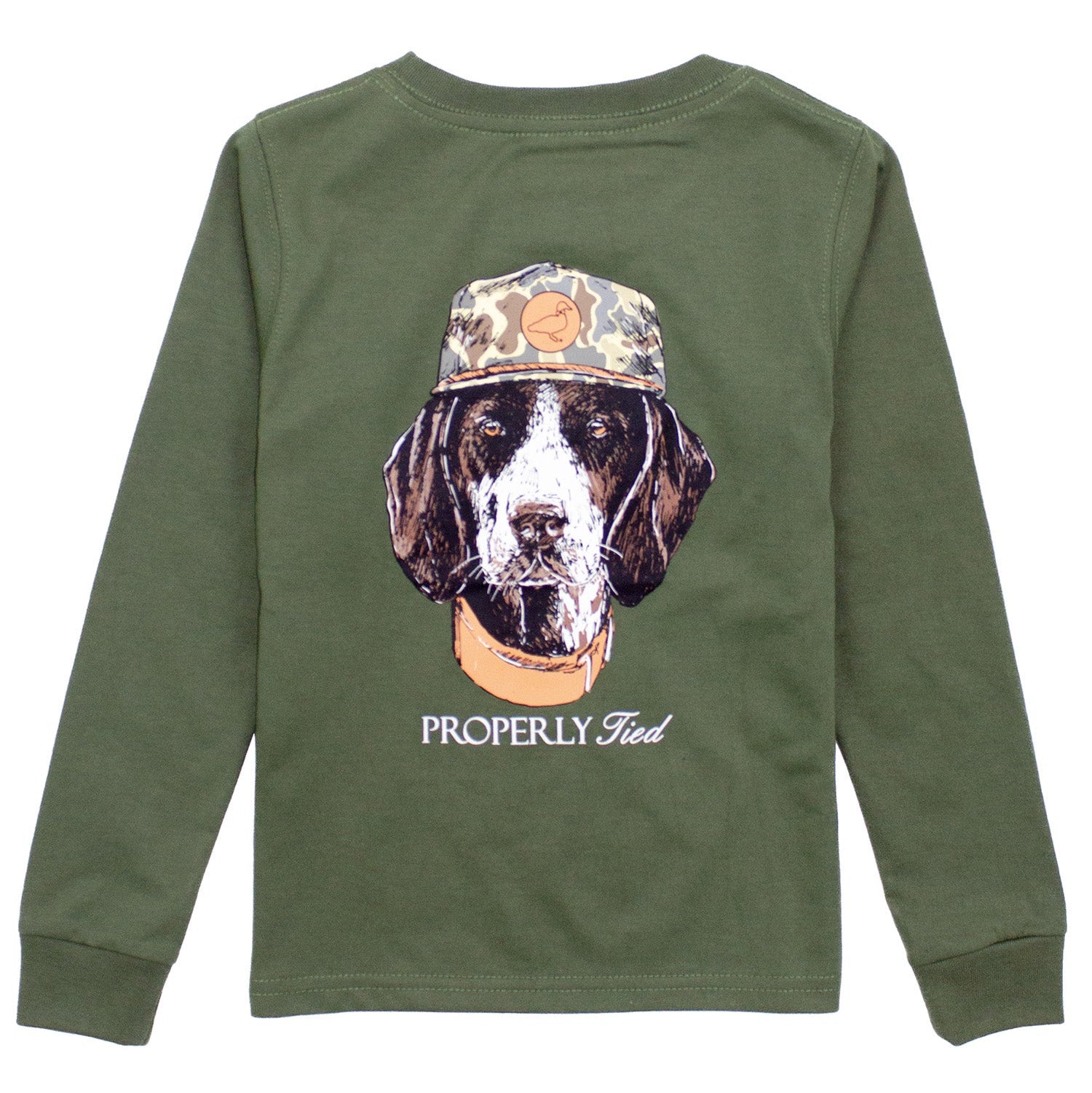 Green long-sleeve shirt with a dog graphic and 'Properly Tied' text on the back, on a white background.