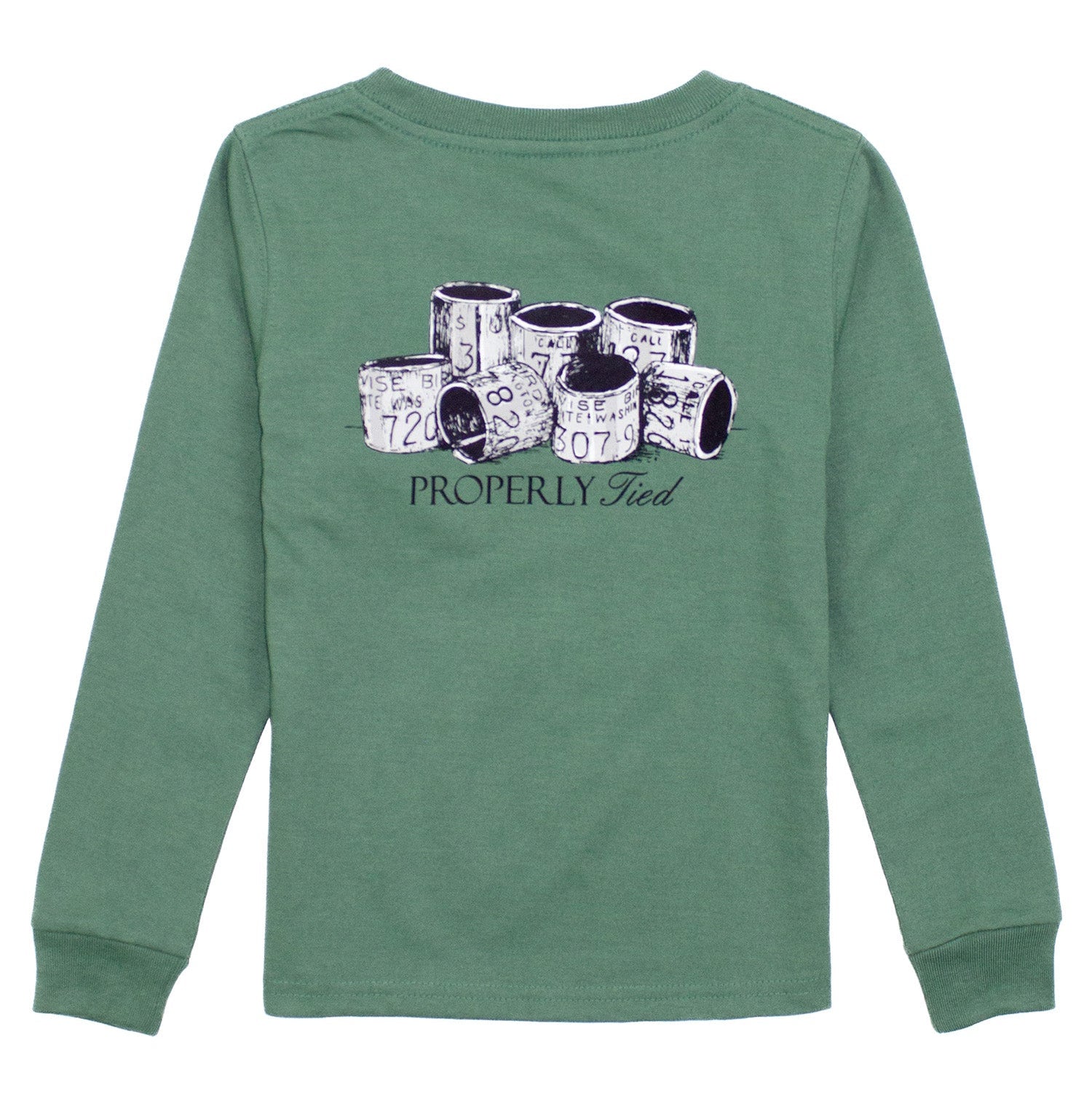 Green long-sleeve shirt with graphic design on a white background