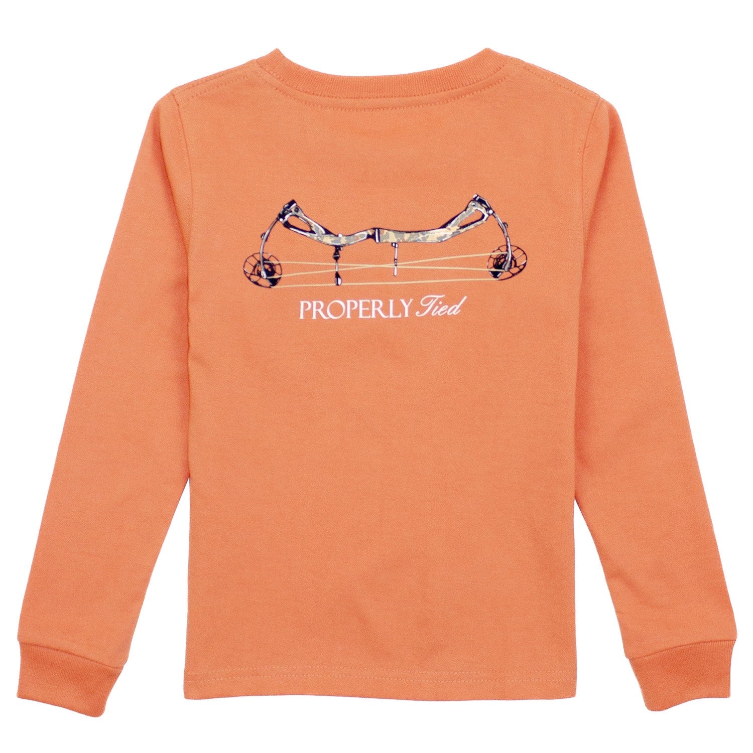 Orange long-sleeve shirt with graphic design and text on a white background