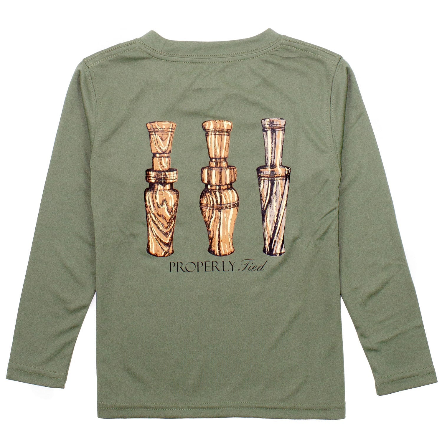 Properly Tied Performance Tee, Duck Calls on Olive