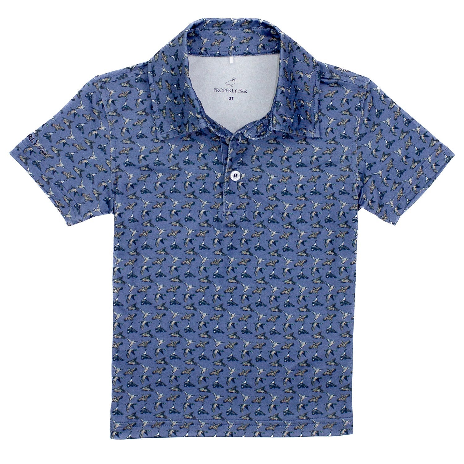 Blue patterned polo shirt on a white background