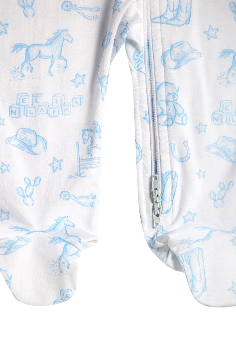 Nella Pima Blue Lone Star Toile Zipper Footie