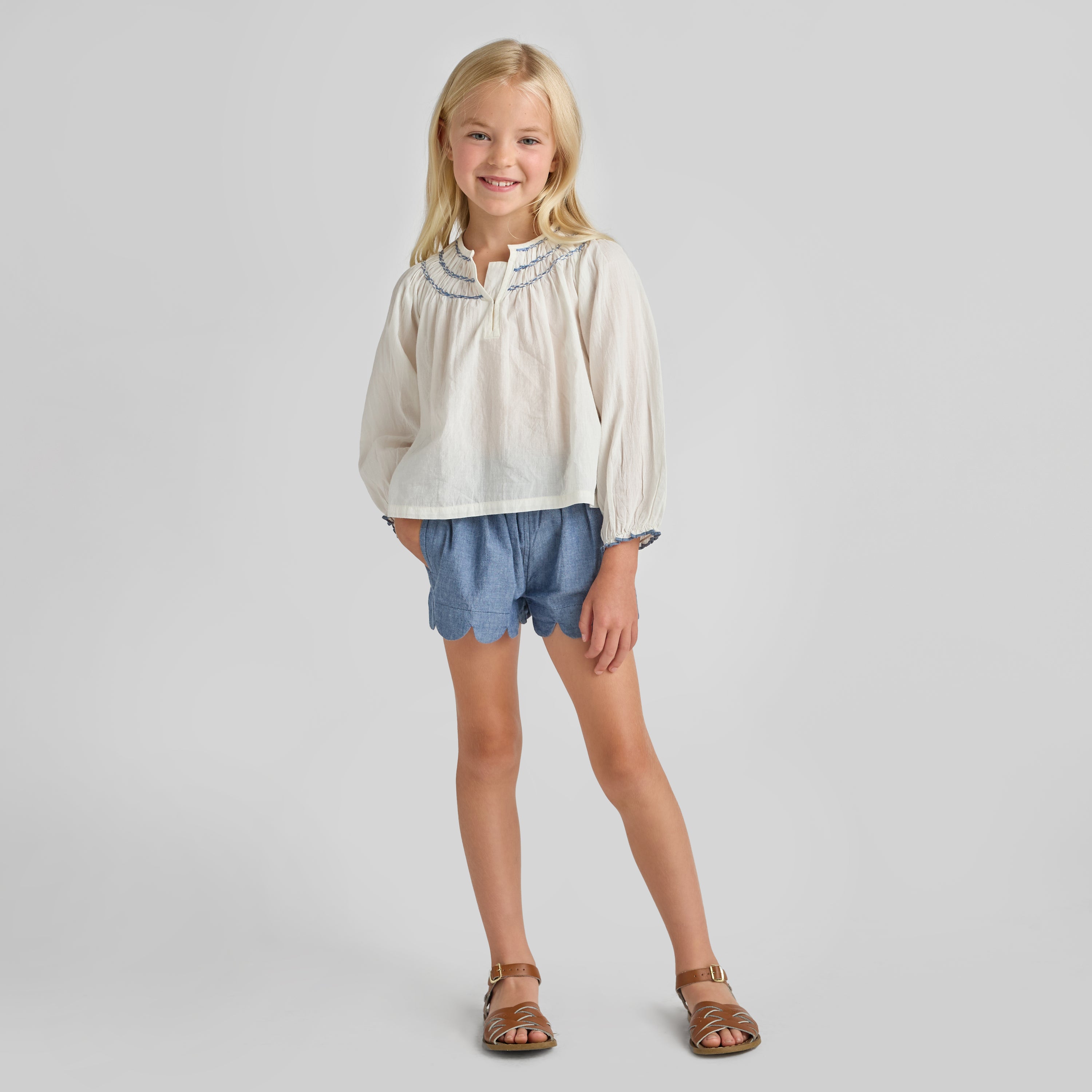 Pink Chicken Scallop Shorts, Chambray