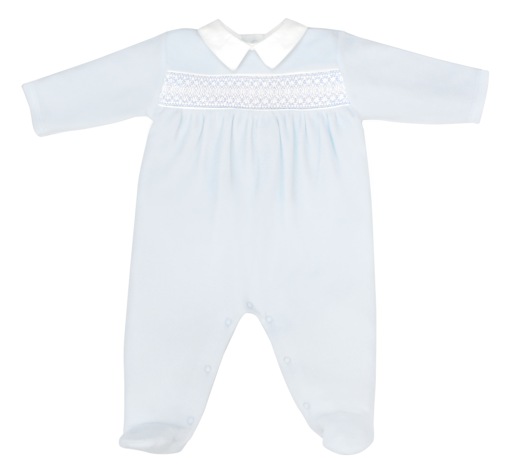 LydaBaby Smock Velour Collection Footie, Blue/Light Blue/White