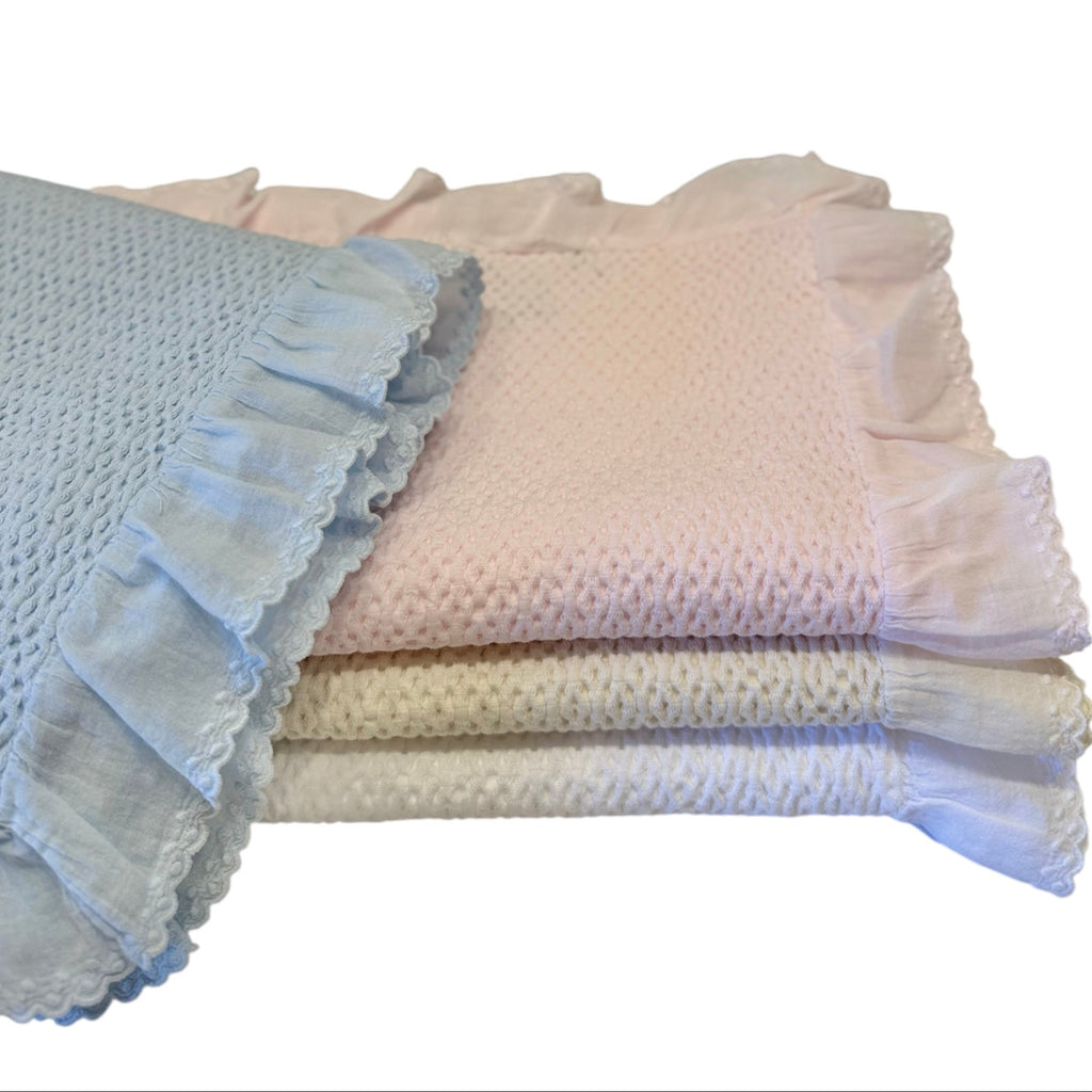 A Soft Idea Stonewashed Puckered Blanket with Dotted Swiss Ruffle