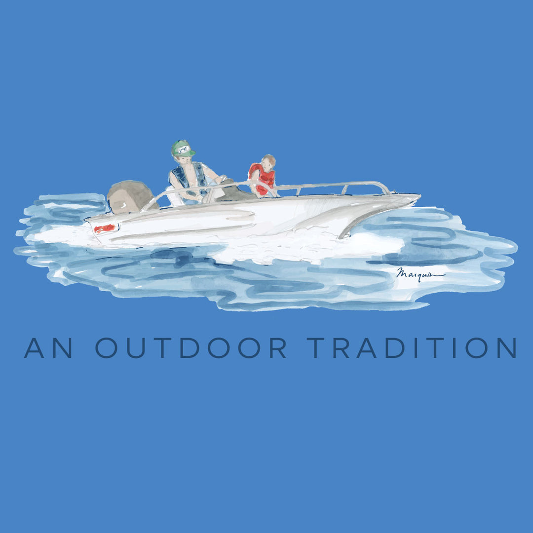 Prodoh Performance Fishing T-Shirt, Father Son Fishing Boat on Marina Blue