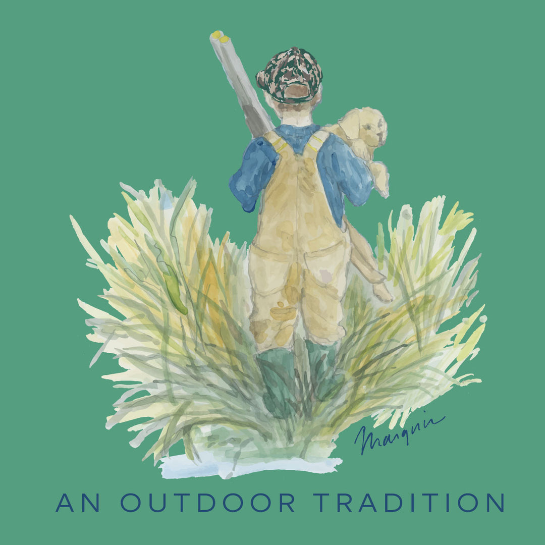 Prodoh Performance Fishing T-Shirt, Boy with Puppy on Green Spruce