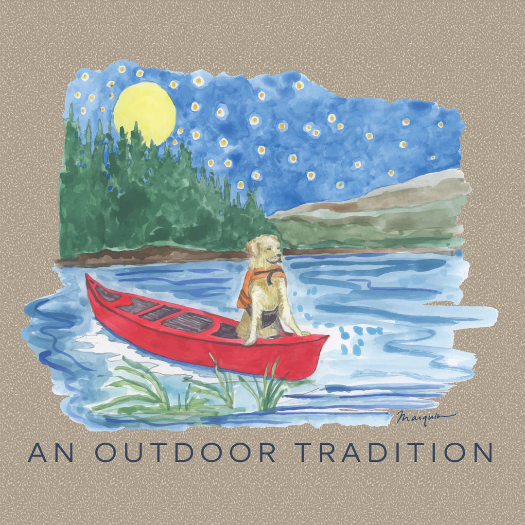 Prodoh Tee, Golden Retriever in Canoe on Trench Coat Heather