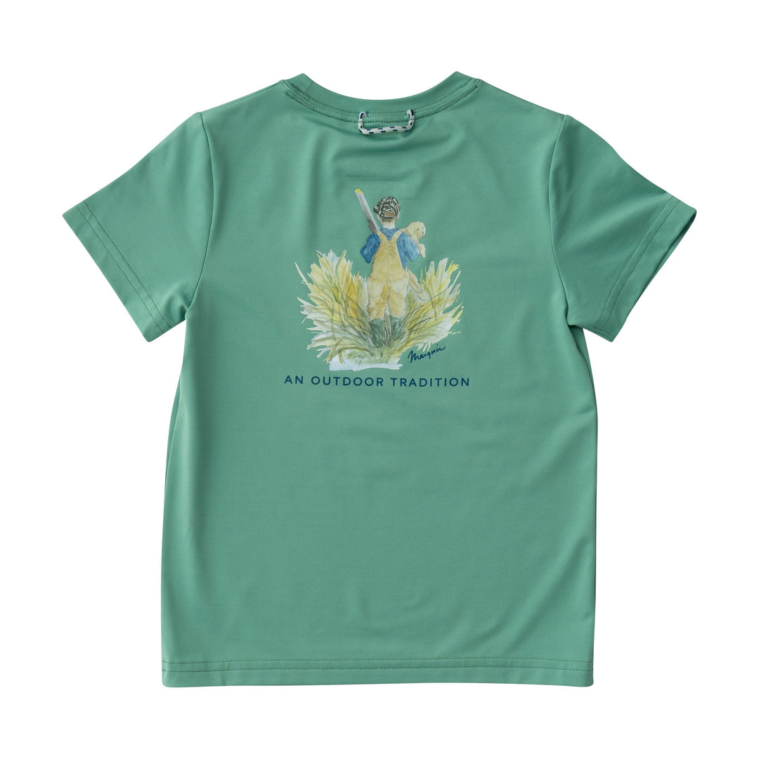 Prodoh Performance Fishing T-Shirt, Boy with Puppy on Green Spruce