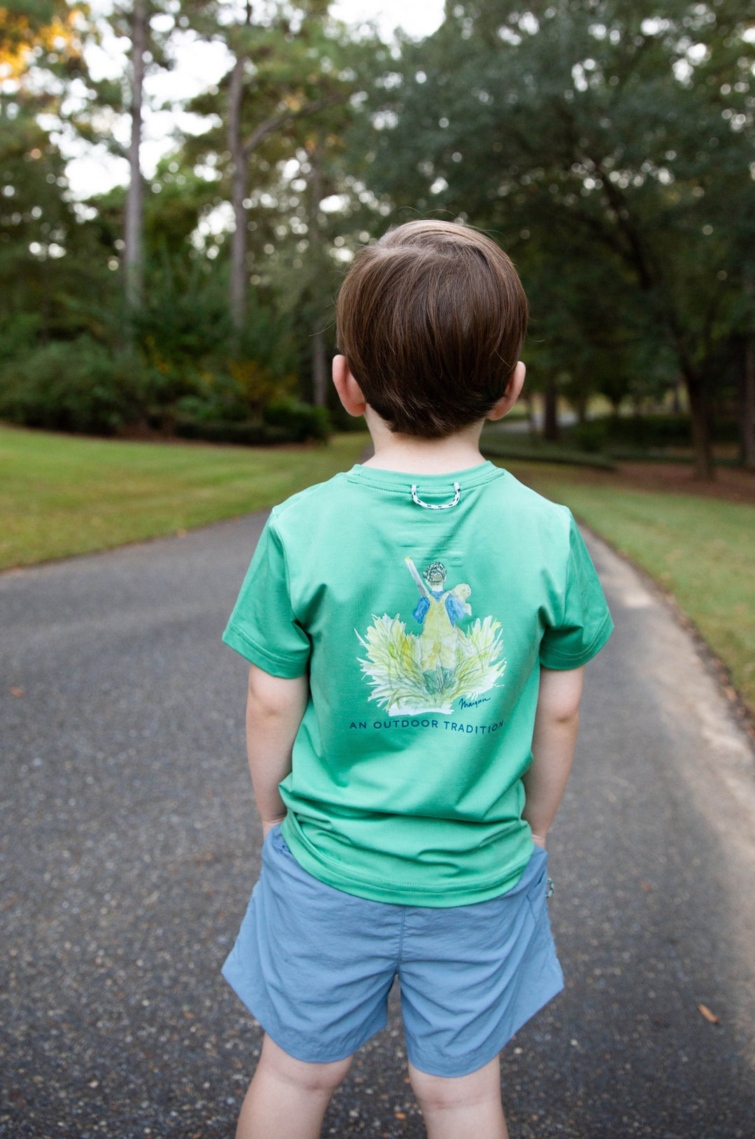 Prodoh Performance Fishing T-Shirt, Boy with Puppy on Green Spruce