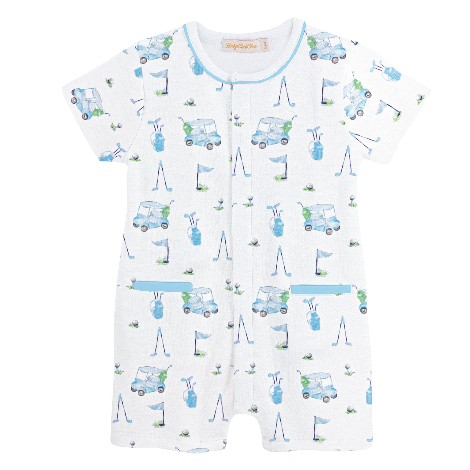 Baby Club Chic Light Blue Golf Romper with Pipping
