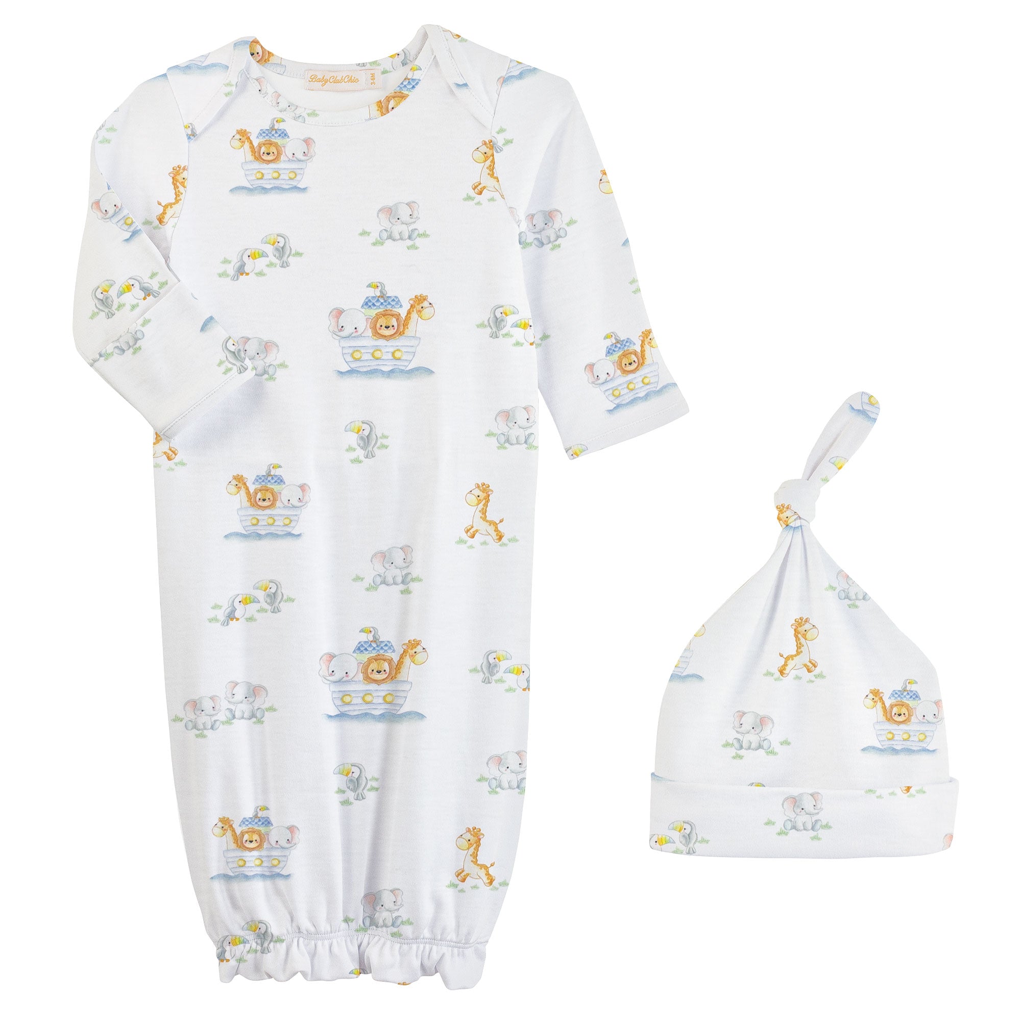 Baby Club Chic Noah's Ark Blue Printed Gown and Hat Set