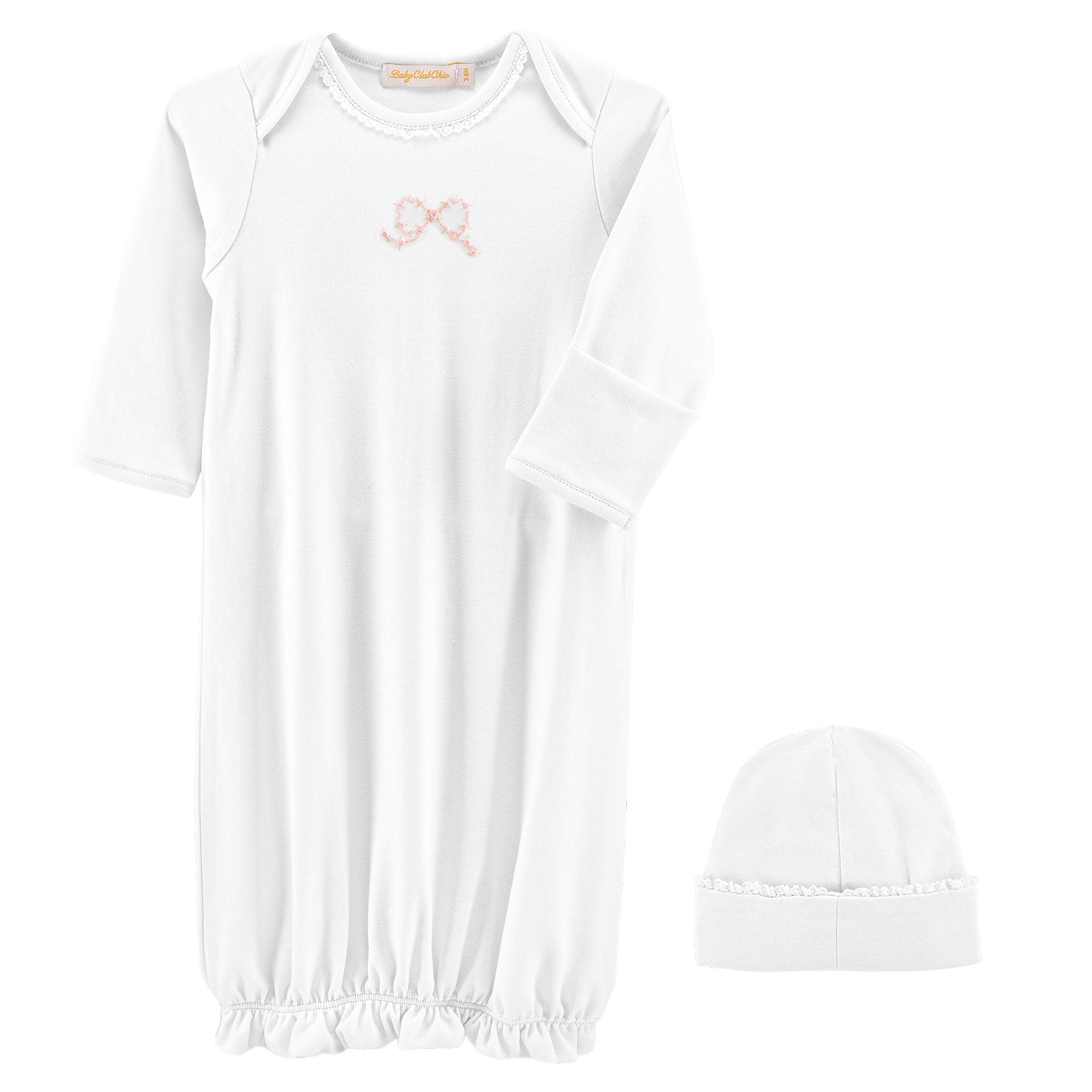 Baby Club Chic Pretty Bows Gown with Lace Trim & Hat Set