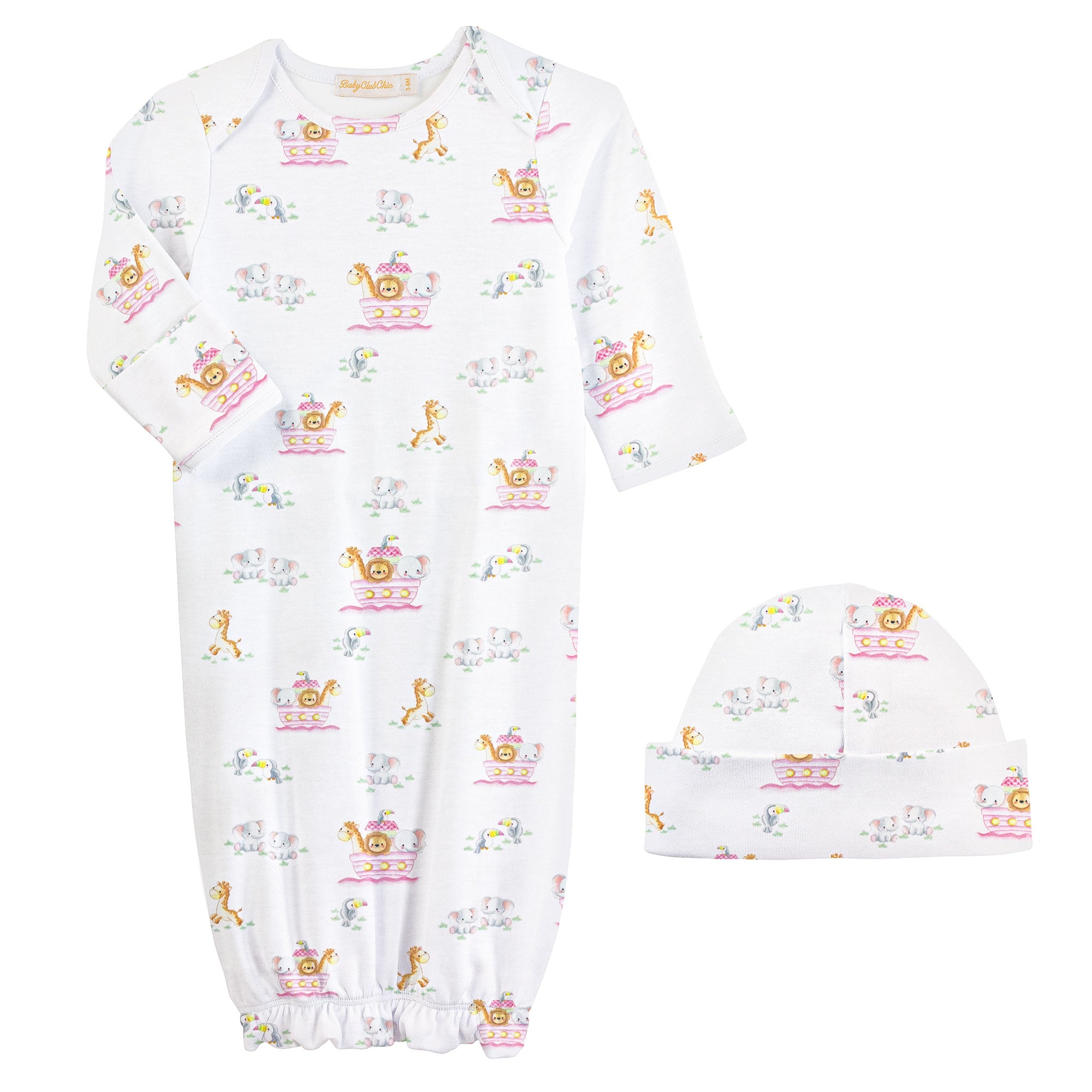 Baby Club Chic Noah's Ark Pink Printed Gown and Hat Set