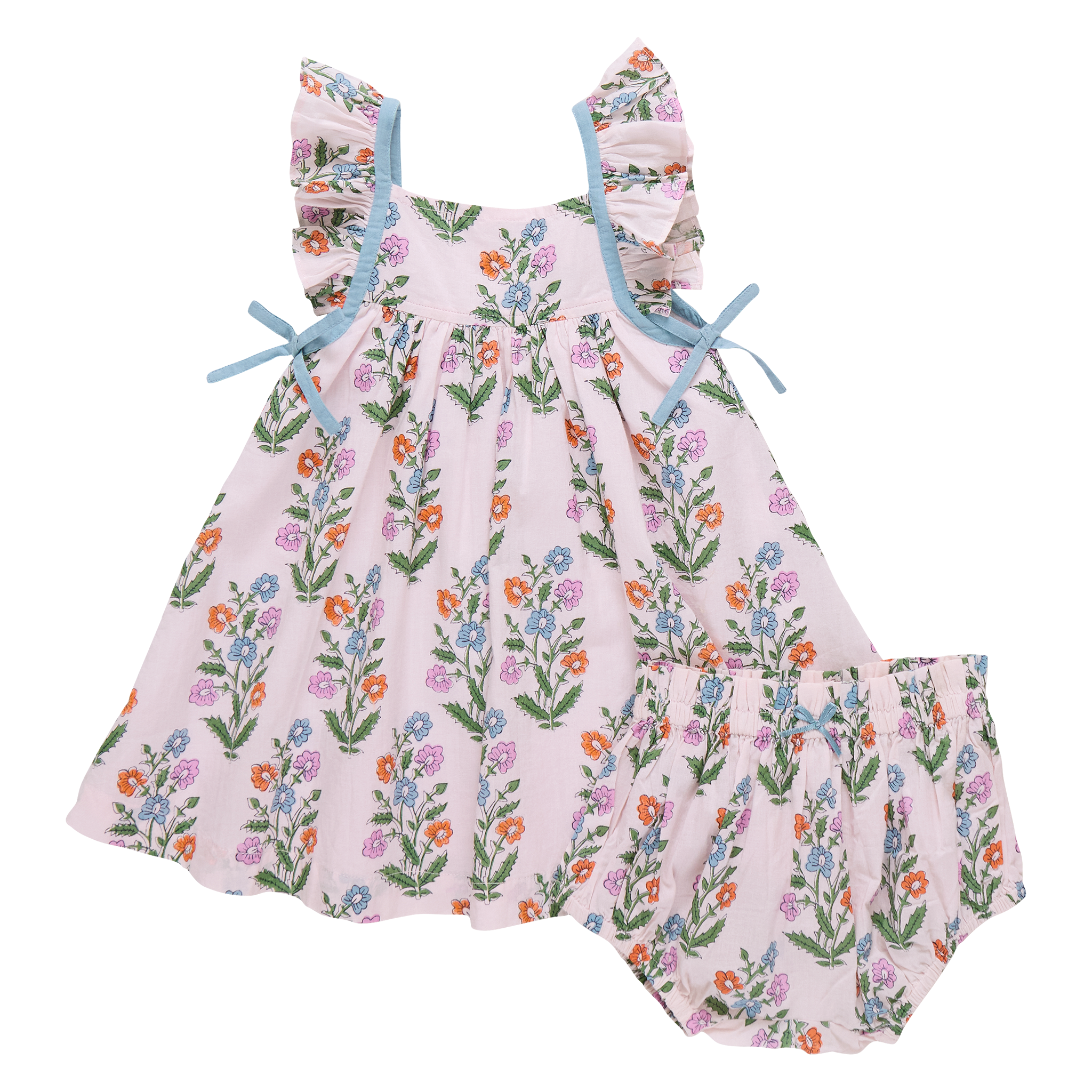 Pink Chicken Ailee Dress Set, Pink Dewdrop Block Print