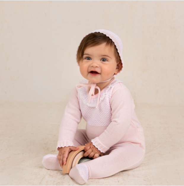 Feltman Brothers Jacquard Ruffled Knit Romper & Bonnet