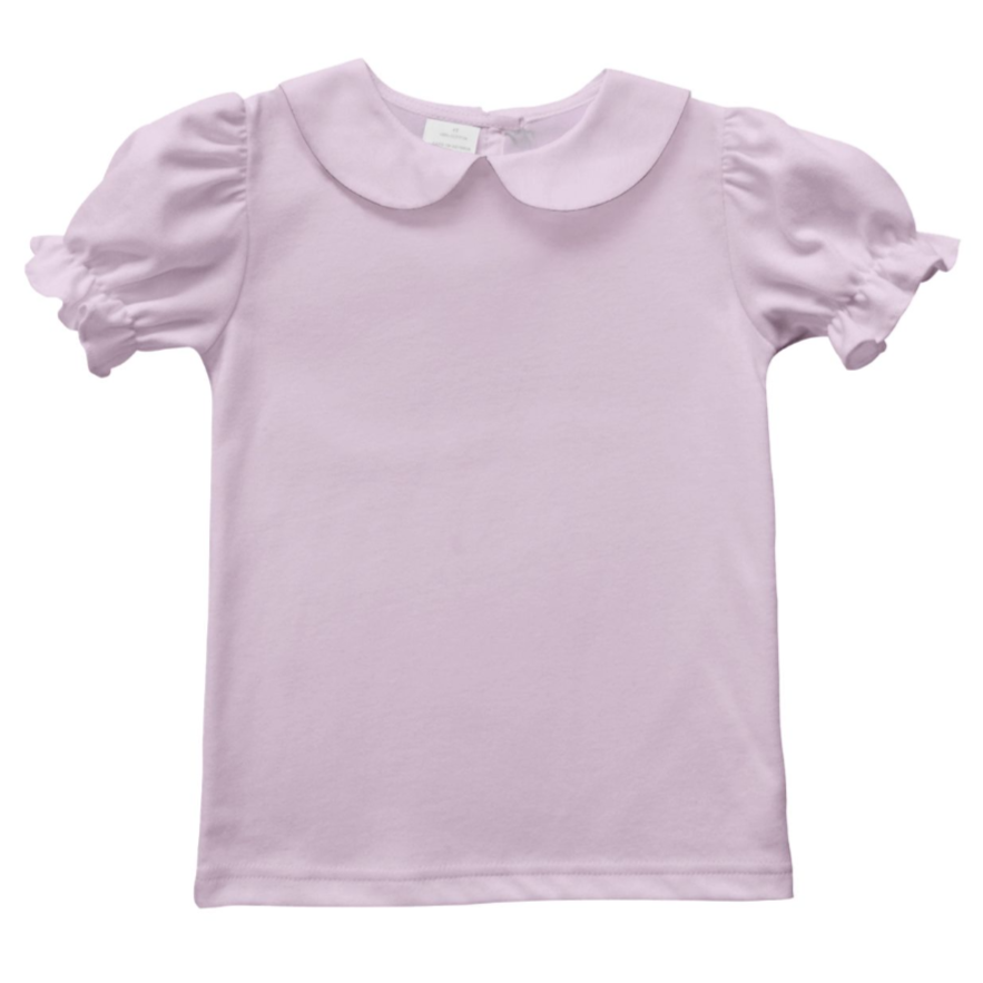 Light pink short-sleeve shirt with a Peter Pan collar on a white background