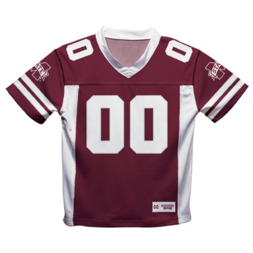 Maroon and white football jersey with numbers on a white background