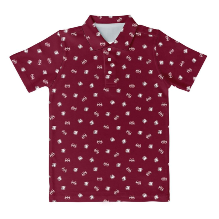 Maroon polo shirt with white pattern on a white background