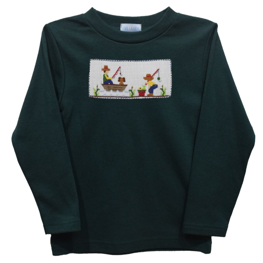 Vive La Fete Fishing Day Smocked Hunter Green T-Shirt
