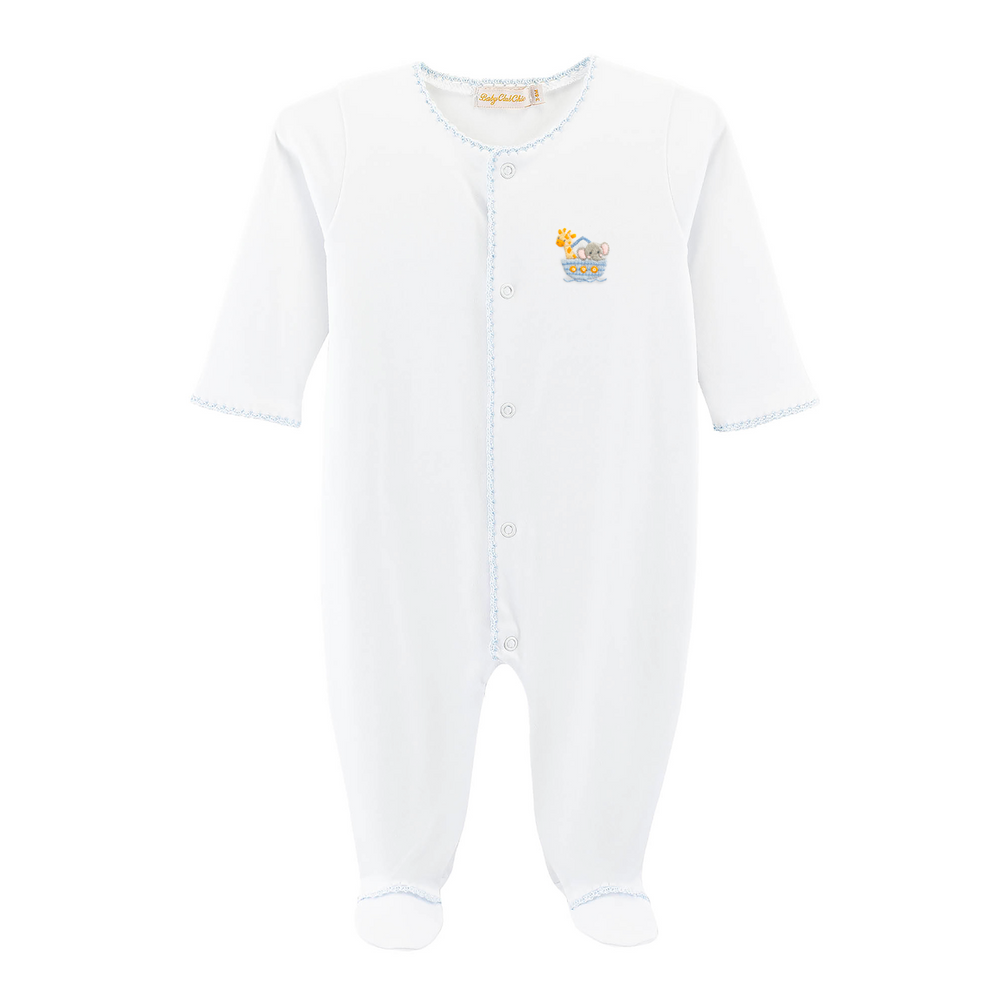 Baby Club Chic Noah's Ark Blue Footie with Crochet Trim
