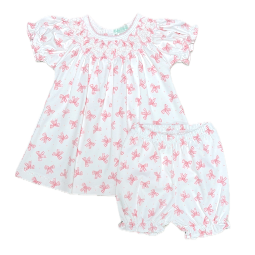 Baby Threads Pink Bows Hand Smocked Printed Bishop Set