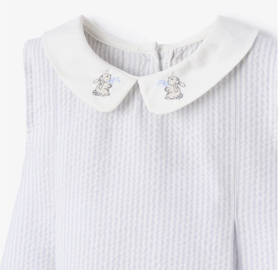 Elegant Baby Blue Seersucker Bunny Embroidered Collared Dress