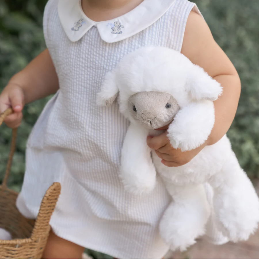 Elegant Baby Blue Seersucker Bunny Embroidered Collared Dress