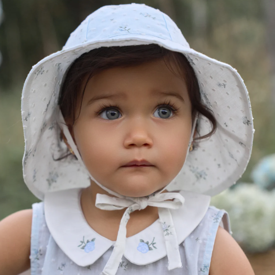 NWT Tania Belle AS IS baby blue‎ sun hat, rose accent and gem stone Bubbly Sailboats Blue - Wide Brim Sun Hat – Angel Dear main image 3