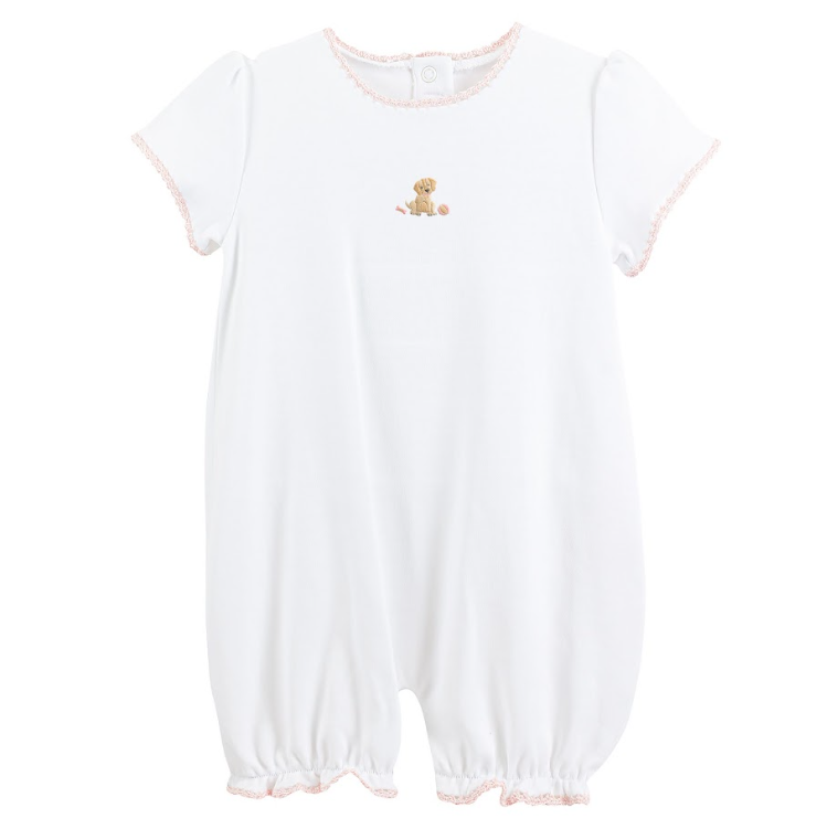 Baby Club Chic Good Puppy Romper with Pink Crochet Trim