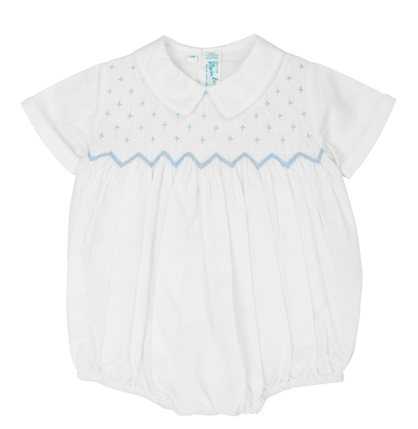 Feltman Brothers Diamond Smocked Creeper, White with Blue