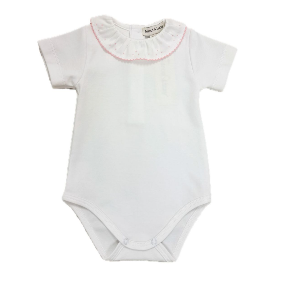 Marco & Lizzy White Onesie with Pink Picot Edge & French Knots