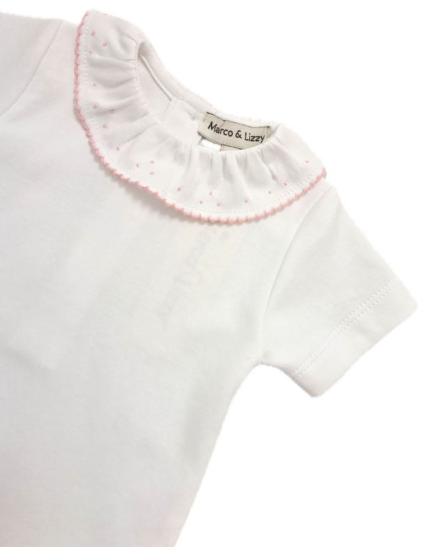 Marco & Lizzy White Onesie with Pink Picot Edge & French Knots