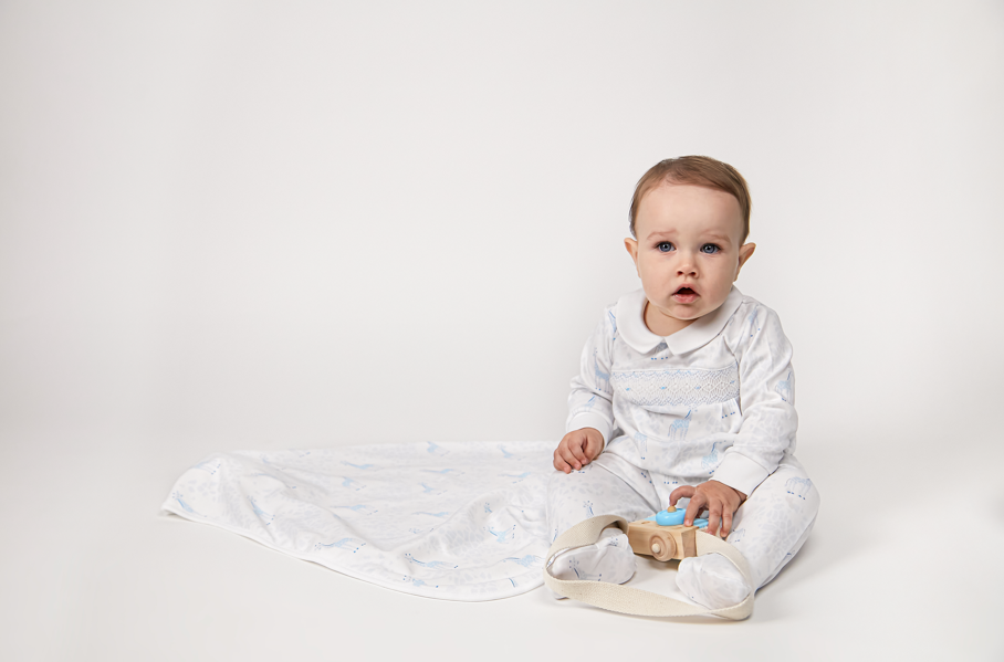 Nella Pima Blue Giraffe Print Smocked Footie