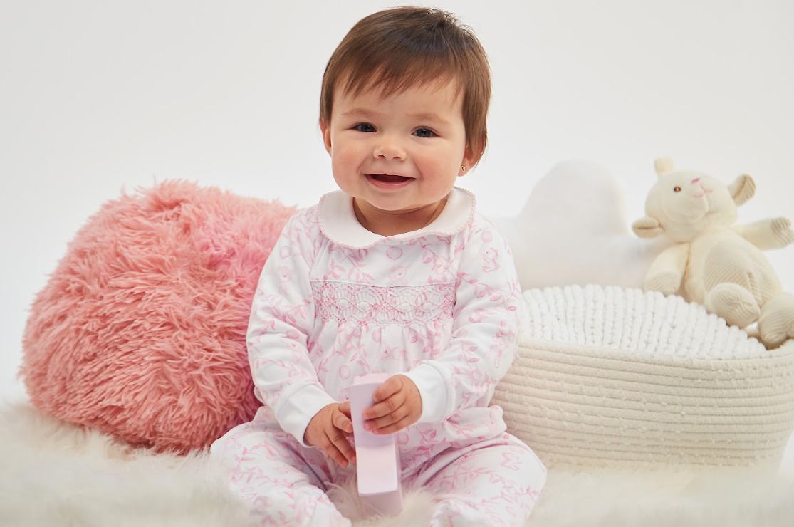 Nella Pima Pink Bears Trellace Smocked Footie